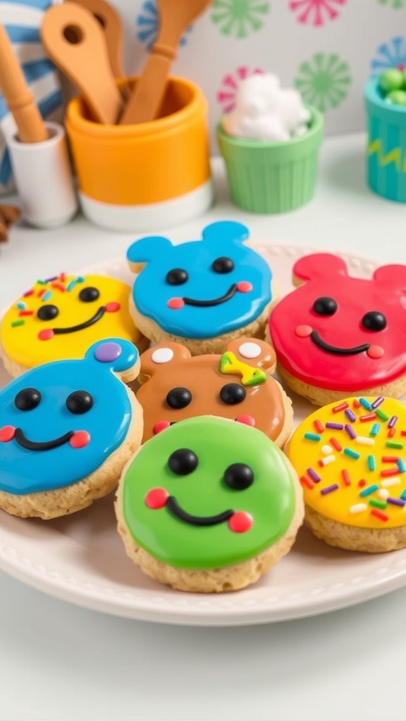 Colorful cookies inspired by Cookie Run, decorated with icing and sprinkles on a cheerful plate.